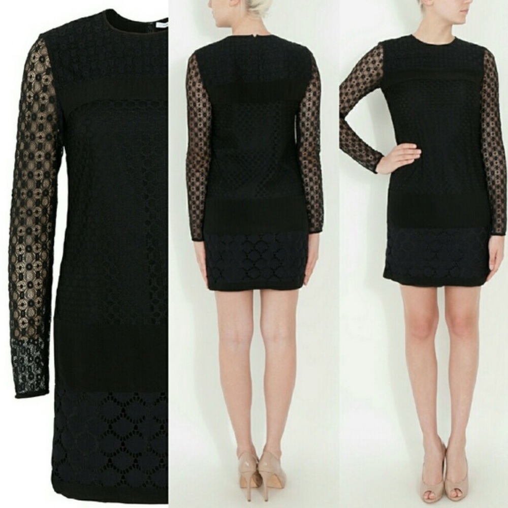 Diane Von Furstenberg Enny Banded Lace Shift Dress Black Size 4 Sheer Mini